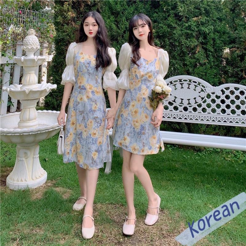 Korean 💙ชุดเดรส 💙ดอกไม้สีเหลือง แขนพองแนวสาวเกาหลี เดรสกระโปรงสั้น-ยาว ผ้านิ่ม 46-47