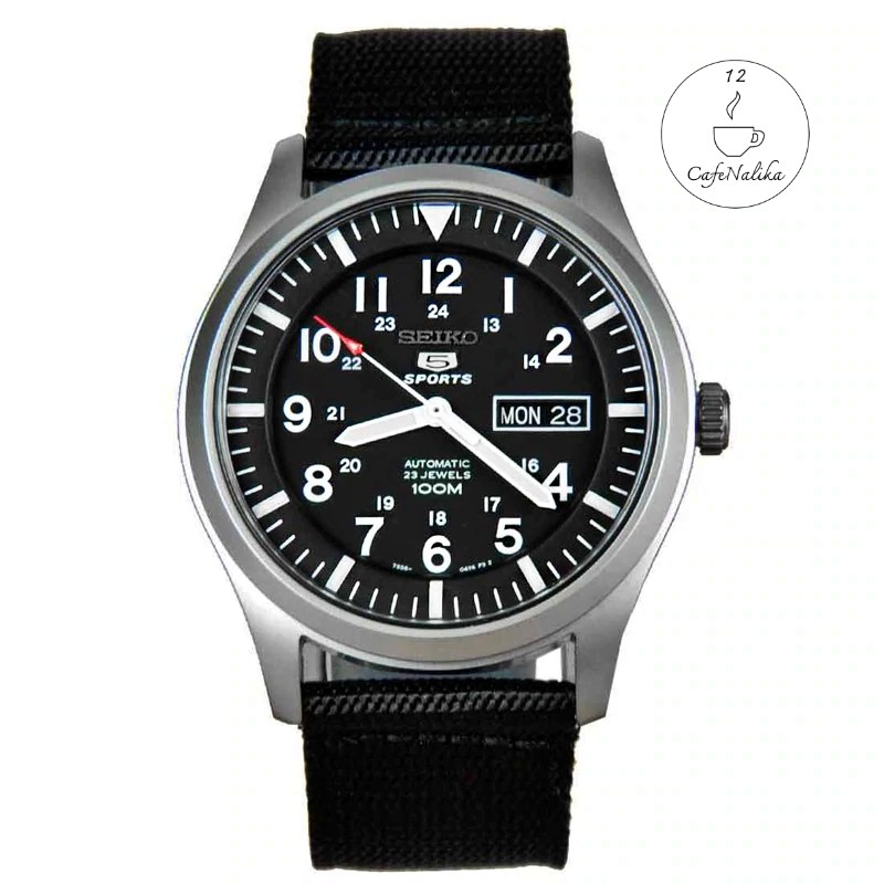 นาฬิกา ไซโก้ ผู้ชาย Seiko 5 รุ่น SNZG15K1 Automatic Men's Watch สายผ้า สีดำ Navy Black Jewels Black Military Nylon Strap
