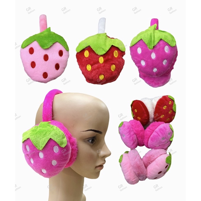 พร้อมส่ง ที่ปิดหูกันหนาว ลายสตอเบอรี่ ใส่ได้ทั้งเด็กและผู้ใหญ่ ราคาส่ง