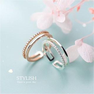 s925 Stylish ring แหวนเงินแท้ ดีไซน์คู่ขนาน มีเอกลักษณ์ สวยงาม ประดับ Cubic Zirconia (CZ)  สามารถปรับขนาดได้