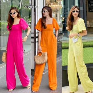 Jumpsuit จั๊มสูทขายาว คอเหลี่ยมแขนสั้น มีกระเป๋าสองข้าง มีซิปหลัง เนื้อผ้าลินิน