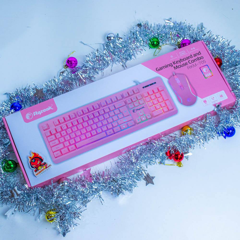Razeak RKM-705 Set Combo มีไฟ RGB เซต เมาส์พร้อมคีย์บอร์ด สีชมพู[1-Y.