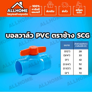 บอลวาล์ว PVC ตรา SCG ขนาด 1/2"(4 หุน), 3/4"(6 หุน), 1"(1 นิ้ว), 1.1/4"(1 นิ้ว 2), 1.1/2"(1 นิ้ว ครึ่ง), 2"(2นิ้ว)