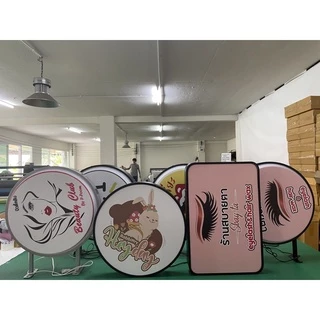 ป้ายกล่องไฟ ตู้ไฟวงกลม2หน้านูน ป้ายไฟหน้าร้าน อะคริลิคขอบเงิน ดำ ป้าย2หน้าขนาดD30-60CM LED LIGTH BOX