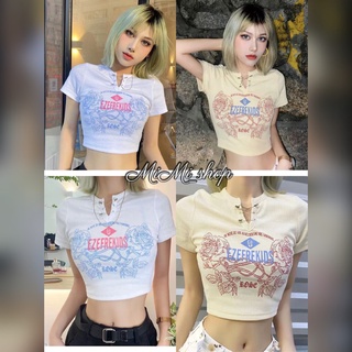 Mimi_shop（813）💕พร้อมส่ง💕เสื้อครอปแฟชั่น เสื้อผู้หญิง เเขนสั้นคอปก ลายสกรีน