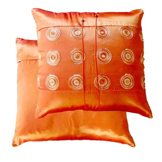 A4-Thai Silk Pillow Covers ปลอกหมอนอิง ไหมไทยลายกลม16×16 นิ้ว 1 คู่ สีส้ม