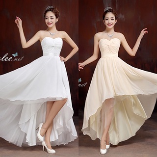 พร้อมส่ง ชุดราตรีสั้น เกาะอก หน้าสั้นหลังยาว คอจับเดรปรูปหัวใจ