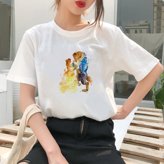 เสื้อยืดcalandfashion☢♈Tshirt Disney Creative Art Fairy Beauty And The Beast Tshirt Belle Watercolor Princess T Y2K Clot