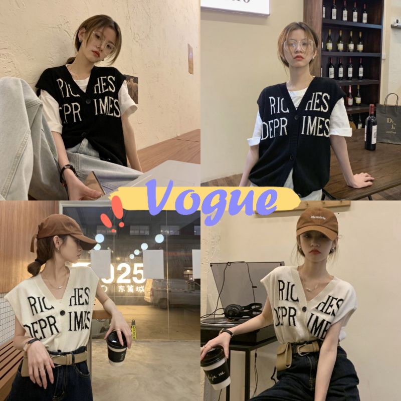 Vogue​​พร้อมส่ง​​เสื้อกั๊กไหมพรม กระดุมหน้า ถักลายตัวอักษร​ผ้านิ่มมาก (94112) -C
