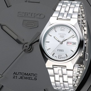 SEIKO 5 Automatic นาฬิกาข้อมือผู้ชาย สีเงิน/สีขาว สายสแตนเลส รุ่น SNKL59K1