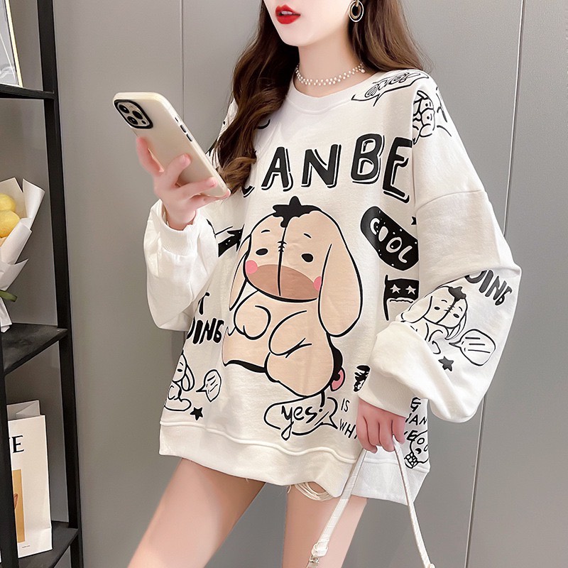 เสื้อแขนยาวคอกลม Oversize (อก 48 นิ้ว) สไตล์เกาหลี สกรีนลายฮิปโป ผ้าคอตตอล สินค้าพร้อมส่ง B31