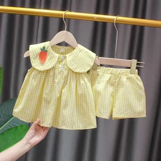Babyonline (Y133)I2 (ส่งด่วน1วัน)ชุดเซ็ต2ชิ้นเสื้อกางเกงขาสั้นสำหรับเด็กผู้หญิงลายสก็อต ผ้าฝ้าย