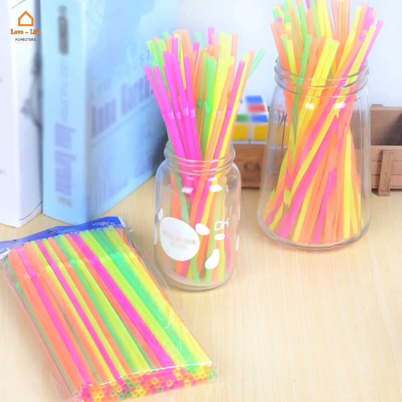 [Stock] 100 Pcs/Pack Fluorescent Plastic Bendable Straws/ 21CM Disposable Flexible Drinking Straws/ DIY Drink Straw Party Bar Accessories