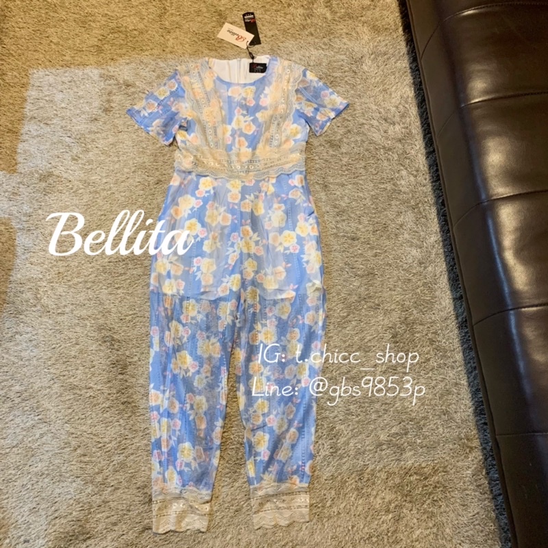 Bellita จั้มสูทสีฟ้า จั้มสูทขายาวลูกไม้ จั้มสูทขายาว ชุดสีฟ้าลายดอก งานป้ายBellita-S