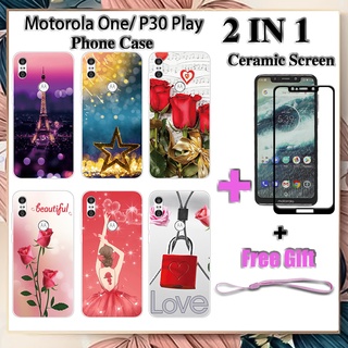 2 IN 1 เคสโทรศัพท์ Motorola One P30 Play พร้อมกระจกนิรภัยกันรอยหน้าจอเซรามิค ฟิล์มโค้ง โรแมนติก