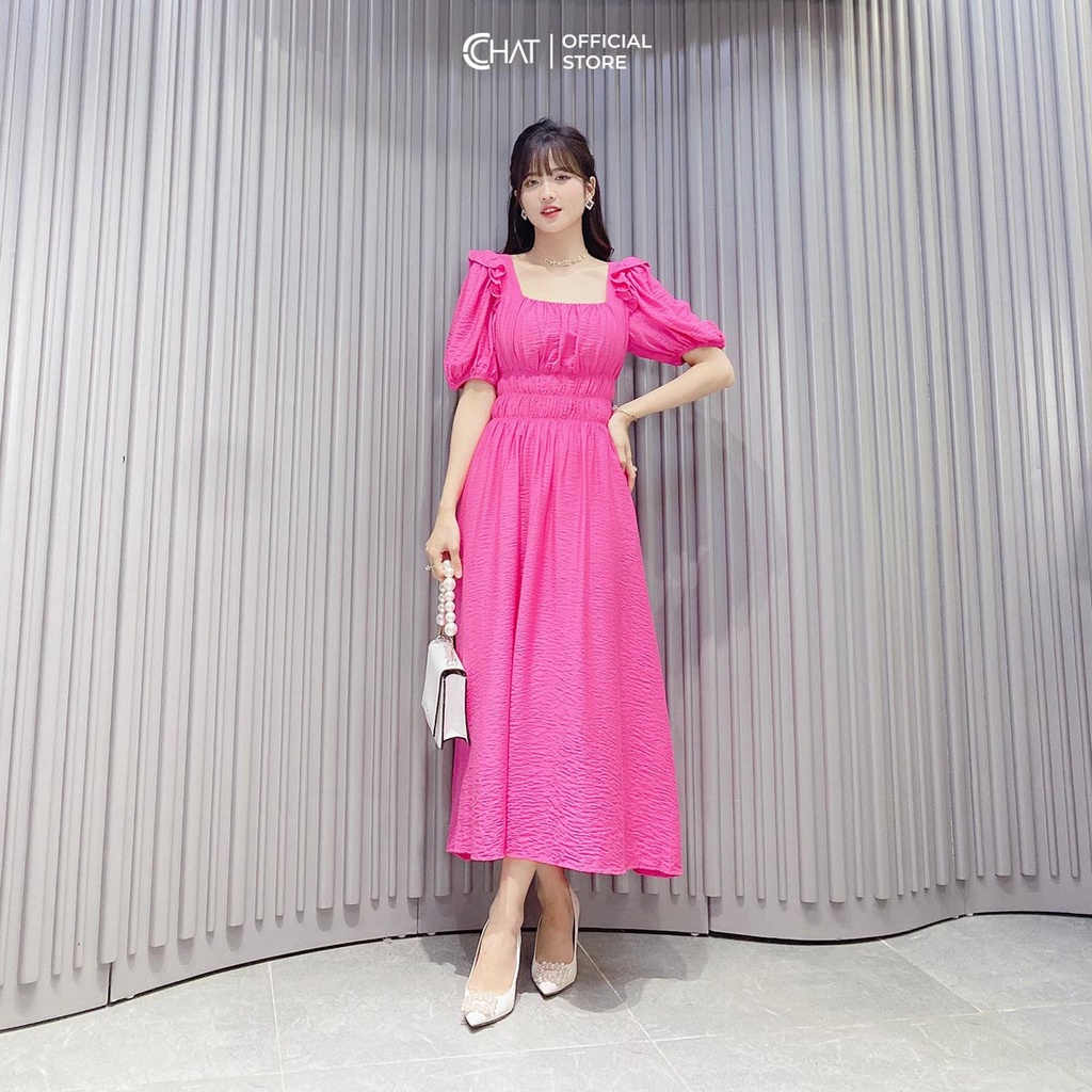 ชุดเดรสผู้หญิง CCHAT คอเหลี่ยม อกเอว Chunky อ่อนเยาว์สไตล์หรูหรา 12VND2051XT