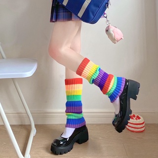 Harajuku Colorblock Knitted Pile Socks Lolita Kawaii Leg Warmers Women Japanese Striped Calf Socks Warm Boot Cover гетры женские