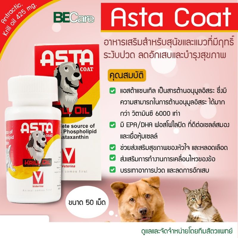 ASTA coat krill oil (Exp.29/1/2027) อาหารเสริมบำรุงผิว ช่วยในการลดอักเสบ บำรุงข้อ สำหรับสุนัขและแมว