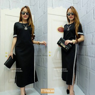 Granddesignplus CHANEL STYLE, SIDE SPLIT MAXI DRESSสีดำL