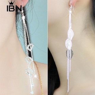 * Ibn Chic Leaf Heart Rhinestone Tassels ยาวลดลง Dangle ต่างหูเชิงเส้นตะขอ