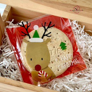 Xmas ถุงฝาแถบกาว Reindeer หน้าใส หลังสีแดง 10 x10 ซม. / แพ็คละ 50 ใบ