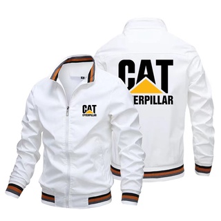 เสื้อแจ็กเก็ต เสื้อเบสบอล เสื้อคาร์ดิแกน พิมพ์ลายโลโก้ Caterpillar มีซิป สไตล์สตรีท เหมาะกับขี่จักรยานยนต์ สําหรับผู้ชาย