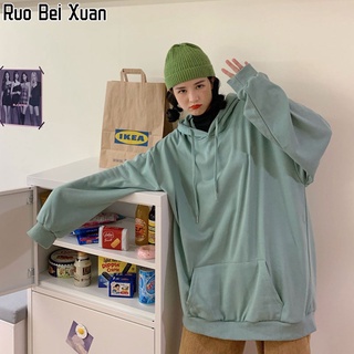 RUO BEI XUAN เกาหลี อินเทรนด์ที่สุด สีทึบ แขนยาว มีกระเป๋า บวกกำมะหยี่ เสื้อฮู้ด