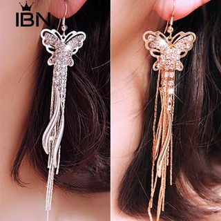 * Ibn Rhinestone Butterfly Crescent Moon วางพู่กันยาวต่างหูแบบ Linear