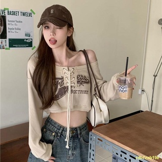 🦩Hot sale#🍌เสื้อครอปแขนยาวเปิดไหล่สำหรับผู้หญิงใหม่สุดชิค