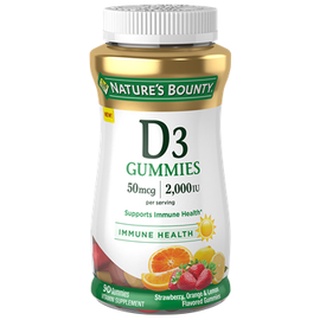 Natures Bounty, Vitamin D3 Gummies รสสตอร์เบอรี่/ส้ม/เลมอน ขนาด 25 ไมโครกรัม (1,000 IU) 90 กัมมี่