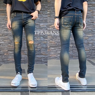 JEANSEXPRESS Skinny X Rock Mens Denim กางเกงยีนส์สกินนี่ชายสีบลูฟอกสนิมสีบลูฟอกสนิมขาดเข่าเซอร์ ยีนส์ยืด ทรงสวย เป้ากระดุม เอว26-36