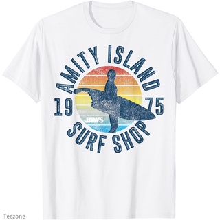 เสื้อยืดผ้าฝ้ายพิมพ์ลายขายดี เสื้อยืด พิมพ์ลายกระดานโต้คลื่น Jaws Amity Island