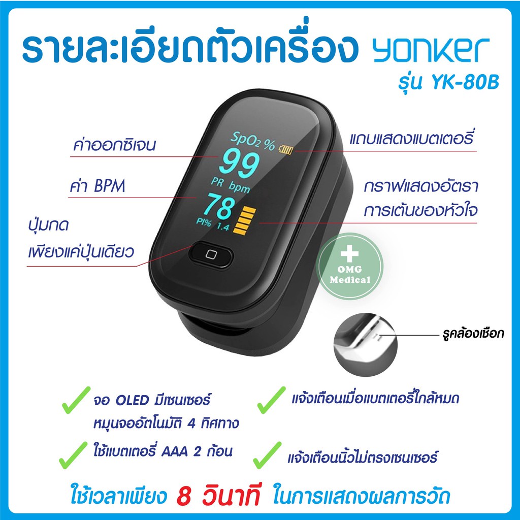 ส่งฟรี เครื่องวัดออกซิเจนปลายนิ้ว ประกัน 1 ปี ส่งฟรี YONKER รุ่น YK-80B ,YK-81​ Pulse Oximeter วัดออ