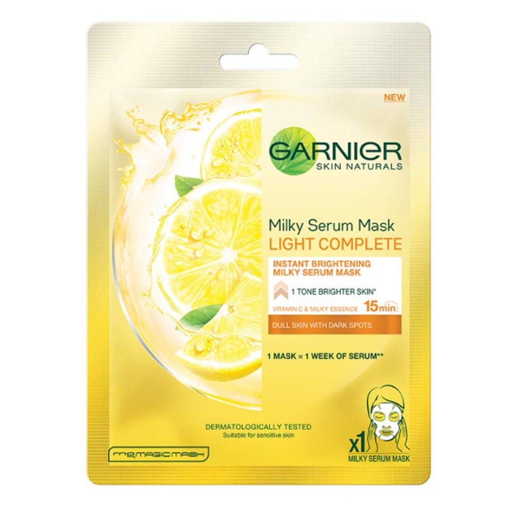 Garnier Skin Natural Serum Mask : Light Complete Serum Mask (สูตรสีเหลือง)  เหมาะสำหรับผิวหมองคล้ำ มีจุดด่างดำ | Shopee Thailand