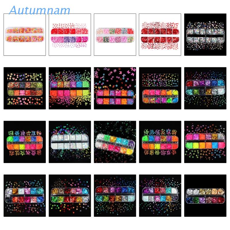 AUTU 12 Grids/Box Nail Art Fluorescent Sequins Holographic Glitter Flakes Jewelry Epoxy DIY Resin Mold Filling Decor