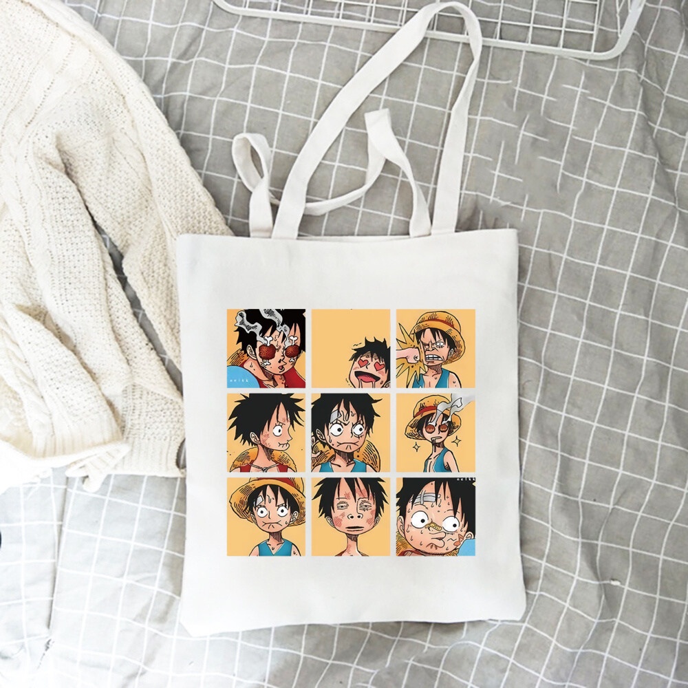 กระเป๋าสะพายไหล่ กระเป๋าช้อปปิ้ง ผ้าแคนวาส พิมพ์ลายนารูโตะ One Piece น่ารัก สไตล์ญี่ปุ่น สําหรับผู้หญิง