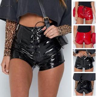 Womens Ladies Shorts Casual Sexy Tight Wet look Gothic Club wear Womens Dance Ladies Disco High waist Lace up