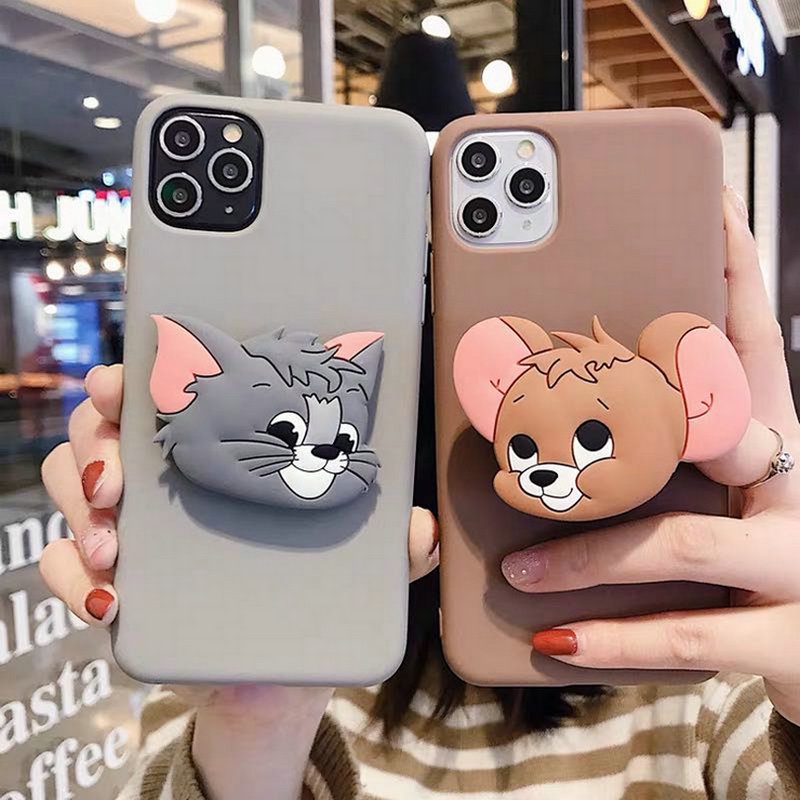เคส Samsung J8 J7 J6 J6+ J4 J4+ A9 A7 A6 A6+ M31 S20 S10 S10+ S9 S9+ S8 S8+ Note 10 9 8 Pro Prime Plus 2018 3D Candy Solid Color Cartoon Soft Case Cover+Cat Mouse Stand