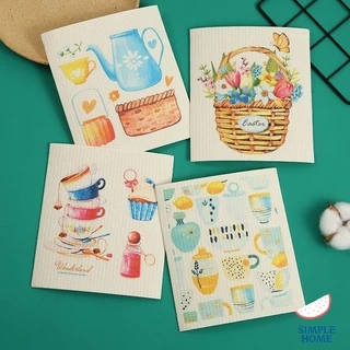 พร้อมส่ง! 97 ผ้าเช็ดจาน ฟองน้ำล้างจาน อเนกประสงค์ ผ้าฟองน้ำ พิมพ์ลายน่ารัก ใช้ซ้ำได้ ซับน้ำดี แห้งไว