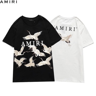 Amiri เสื้อยืดแฟชั่นสําหรับ Unisex ผ้าฝ้ายแขนสั้นพิมพ์ลาย