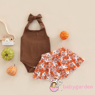 Babygarden-0-24 เดือน เด็กผู้หญิง ฮาโลวีน 2 ชิ้น / เซต ชุดบอดี้สูท แขนกุด คล้องคอ สีน้ําตาล ยาง + กางเกงขาสั้นผี