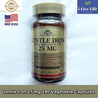 ธาตุเหล็ก Gentle Iron 25 mg 180 Vegetable Capsules - Solgar สูตรอ่อนโยนต่อกระเพาะอาหาร