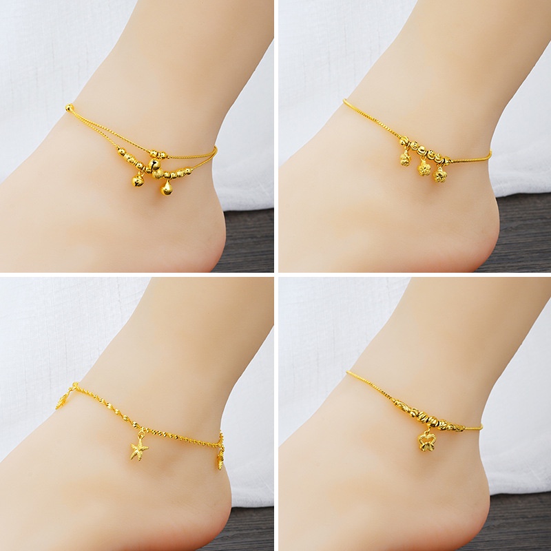 สร้อยข้อเท้าทองเหลือง ชุบทอง 24K ประดับไข่มุก สองชั้น สไตล์เวียดนาม สําหรับผู้หญิง