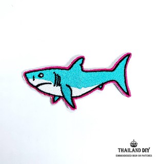 🐟 ตัวรีดปลาฉลาม ฉลามขาว ปลา ฉลาม สีฟ้า Great White Shark Patch งานปัก ลายสัก WOP DIY ตัวรีด อาร์มติดเสื้อ กระเป๋า กางเกง