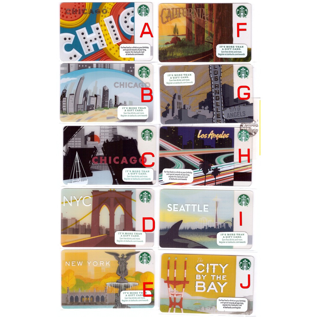STARBUCKS USA Card City Chicago, New York, Los Angeles, California, Seattle