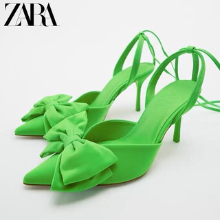 Zara ใหม่ รองเท้าส้นสูง หัวแหลม ประดับโบว์ สีเขียว แฟชั่นฤดูร้อน สําหรับผู้หญิง 2022