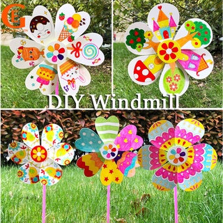 เด็ก DIY ภาพวาดกังหันลมของเล่นทําด้วยมือระบายสีกราฟฟิตีกลางแจ้ง Pinwheel เด็ก Artcrafts ของเล่นเพื่อการศึกษา