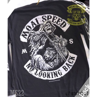 เสื้อยืดผ้าฝ้ายพรีเมี่ยม MS 22 Not Looking Back เสื้อยืด สีดำ เสื้อไบค์เกอร์ รถแข่ง Moai Speed T-Shirt ผ้าคอตตอน สกรีนลา