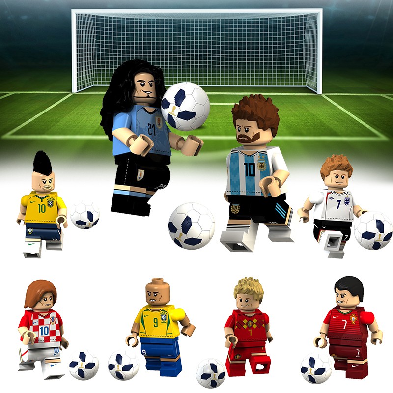 8 ชิ้น / เซ็ตเลโก้ Minifigures ที่มีชื่อเสียงฟุตบอลดาวเครื่องเล่น Messi เบ็คแฮมโรนัลโด้เนย์มาร์รุ่นสำเร็จรูปเด็กของขวัญของเล่น
