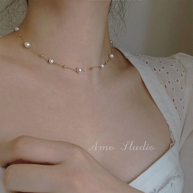 AMO Nebula 14K Gold Pearl Necklace Female Clavicle Chain Niche Design Necklace เครื่องประดับแฟชั่น